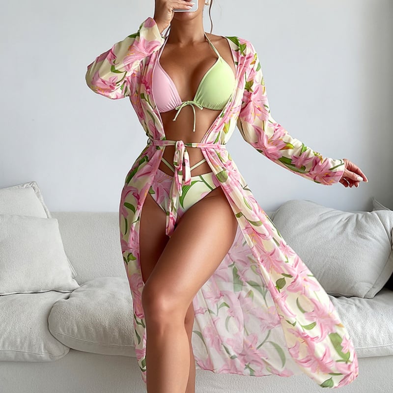 Ženski bikini set s cvjetnim uzorom, brzo sušeći poliester, gornji dio s jastučićima, podstava 18% elastana