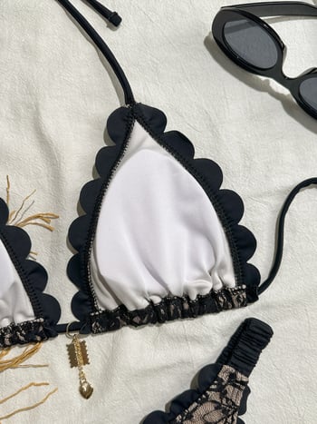 Split bikini za žene s čipkastim halterom, otvorenim leđima, trokut dizajn; poliester tkanina, podstava od spandexa, jastučić za dojke, 250 g