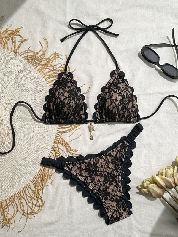 Split bikini za žene s čipkastim halterom, otvorenim leđima, trokut dizajn; poliester tkanina, podstava od spandexa, jastučić za dojke, 250 g