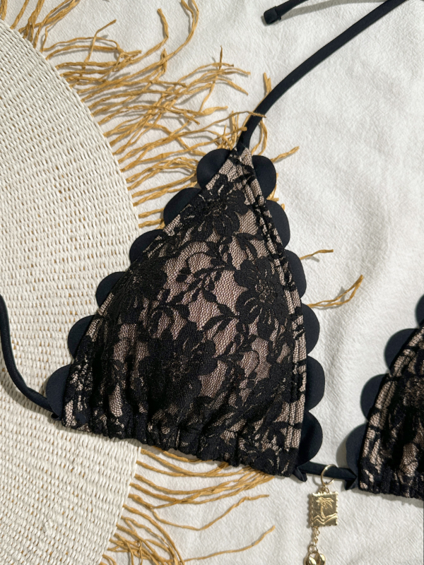 Split bikini za žene s čipkastim halterom, otvorenim leđima, trokut dizajn; poliester tkanina, podstava od spandexa, jastučić za dojke, 250 g