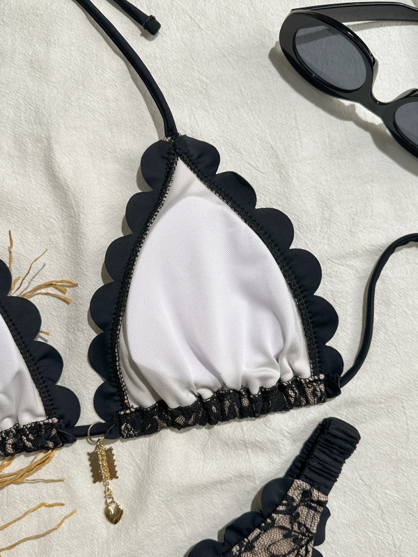Split bikini za žene s čipkastim halterom, otvorenim leđima, trokut dizajn; poliester tkanina, podstava od spandexa, jastučić za dojke, 250 g