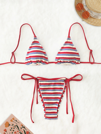 Ženski bikini – prugasti, bez leđa, bez naramenica, poliester tkanina s podstavom od spandeksa.