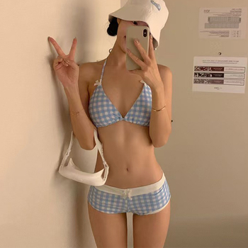 Ženski dvodijelni bikini – seksi karirani uzorak, bez naramenica, jastučići za dojke; najlon-spandeks (82% spandeks) s poliester podstavom.