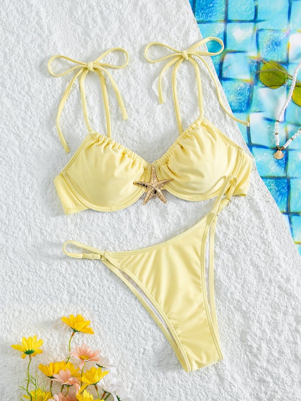 Ženski dvodijelni bikini kupaći kostim s čeličnom podrškom i oblikovanim košaricama, tanke naramenice, motiv morske zvijezde, Nylon/Polyamide 80% tkanina s poliester podlogom