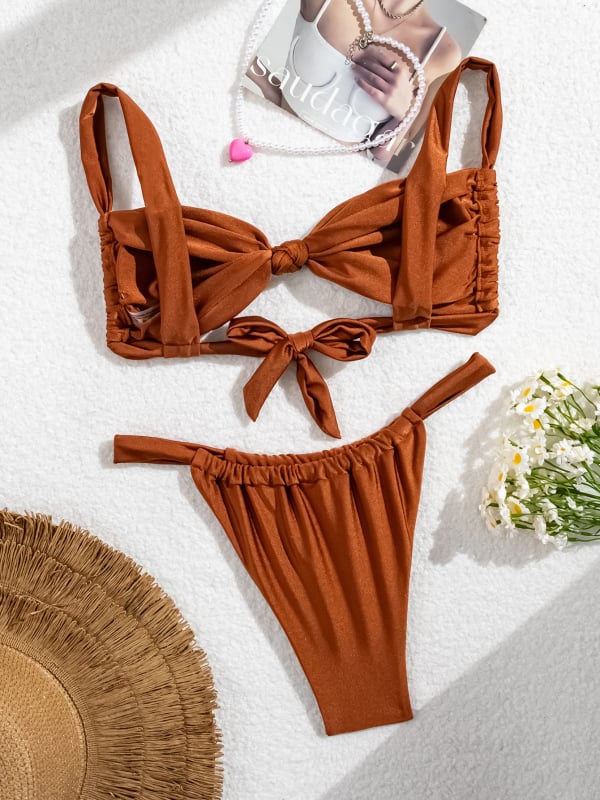 Ženski bikini za plažu od sjajne najlonske tkanine, Push-Up top, jednofarban, uski kroj