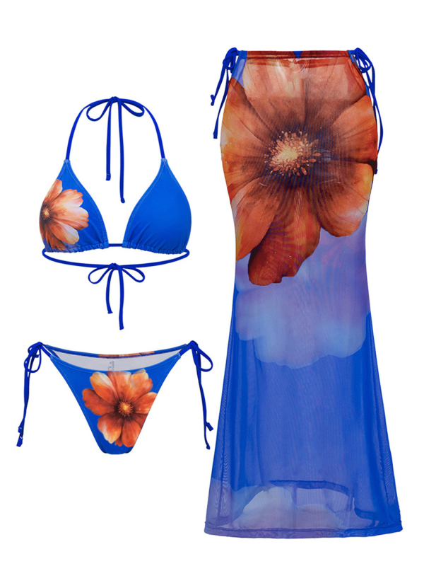 Ženski trodijelni kupaći set, halter vrat, otisak, seksi stil, s punim košaricama bez kostiju, poliester