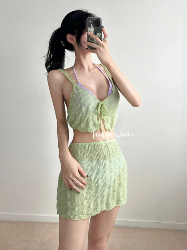 Čipkasti bikini set visokega pasa, bez naramenic, s punim gornjim dijelom, četverodjelni set za plažu za žene