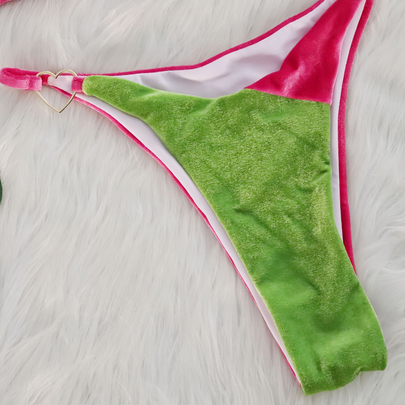 Ženski bikini kupaći s kovom srca dekorom, velur šavovi (bez leđa, umetak za prsni dio, visoka elastičnost; tkanina: 82% poliester, 18% elastan)