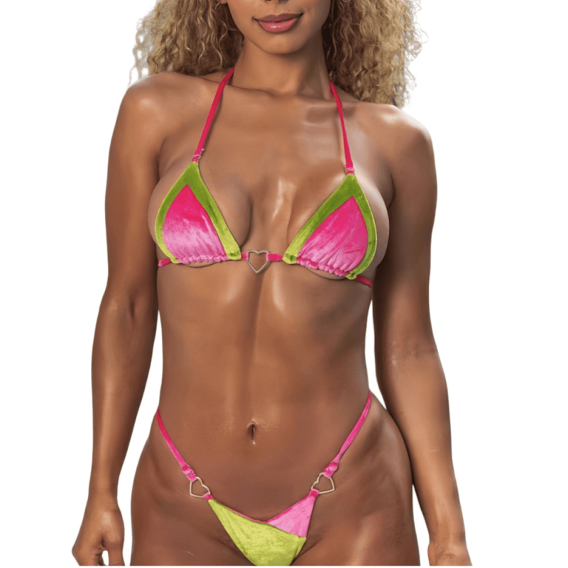 Ženski bikini kupaći s kovom srca dekorom, velur šavovi (bez leđa, umetak za prsni dio, visoka elastičnost; tkanina: 82% poliester, 18% elastan)