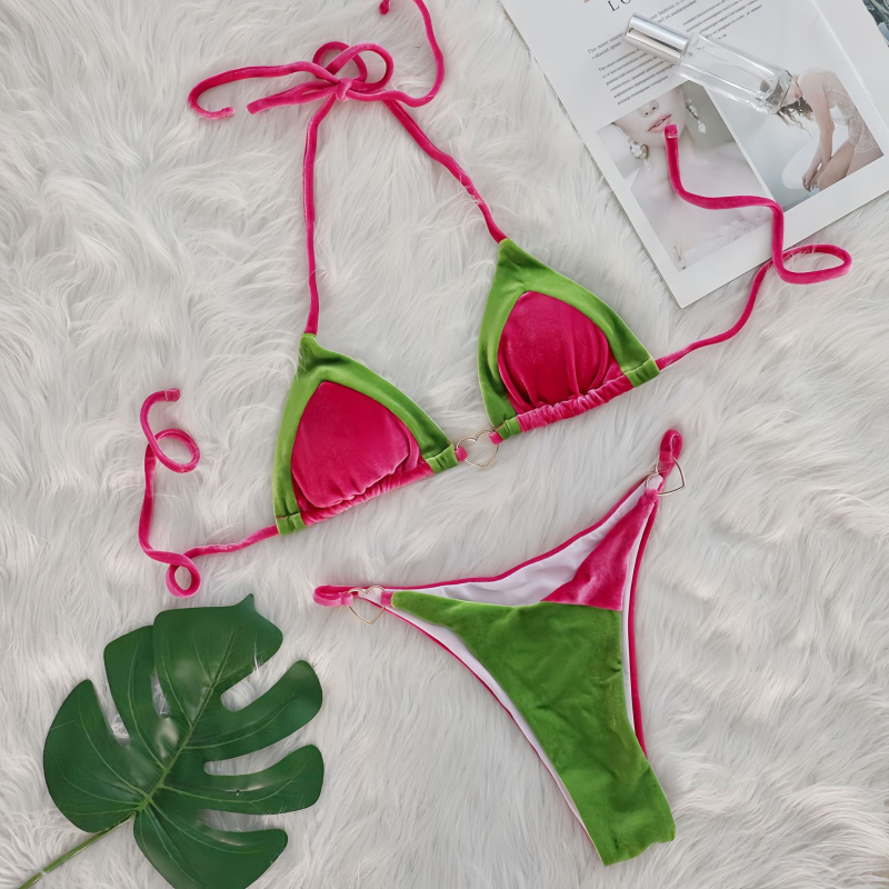 Ženski bikini kupaći s kovom srca dekorom, velur šavovi (bez leđa, umetak za prsni dio, visoka elastičnost; tkanina: 82% poliester, 18% elastan)