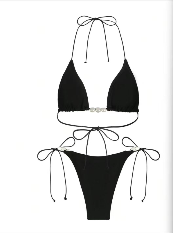 Bikini s perlicama i halterom, s vezenicama, split model za žene; poliester 82%, podstava poliester 18%; težina 150 g