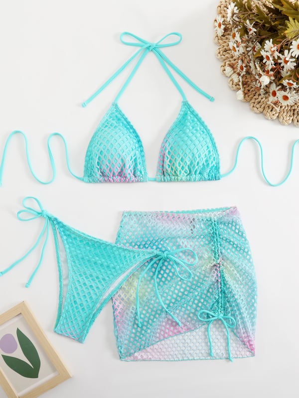 Troje dijelni bikini set s otiskom, Halter veza, ispunjene dojke, visoka elastičnost, poliester kupaći kostim