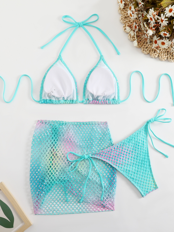 Troje dijelni bikini set s otiskom, Halter veza, ispunjene dojke, visoka elastičnost, poliester kupaći kostim