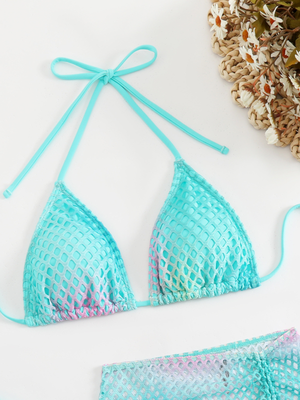 Troje dijelni bikini set s otiskom, Halter veza, ispunjene dojke, visoka elastičnost, poliester kupaći kostim