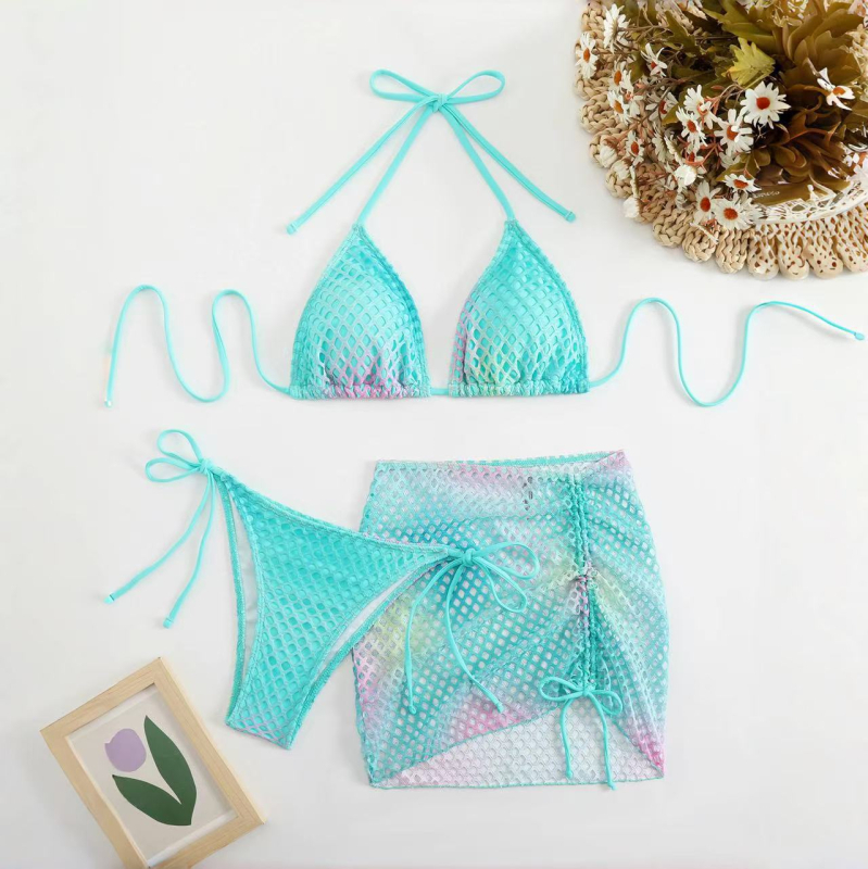 Troje dijelni bikini set s otiskom, Halter veza, ispunjene dojke, visoka elastičnost, poliester kupaći kostim