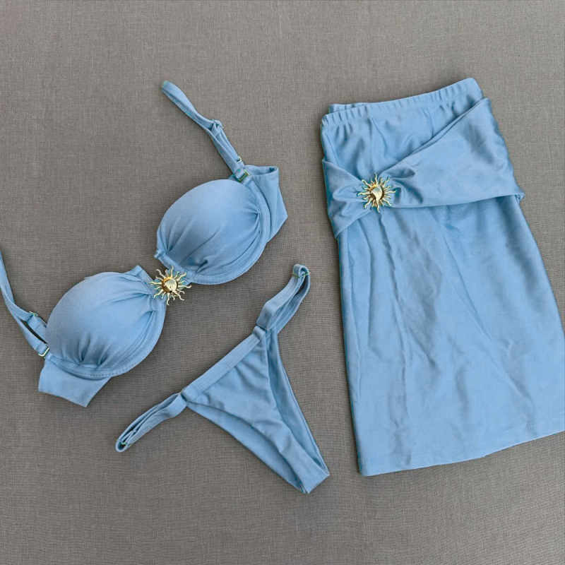 Trodjelni bikini set, seksi jednofarbni dizajn, s čvrstim košaricama i umetcima u grudnjaku, najlon tkanina (80% najlon, 20% spandex) s Lycra podstavom, za odrasle žene