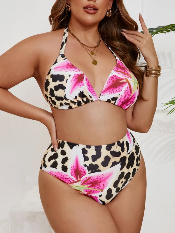 Ženski bikini s leopard printom, dvodijelni, trokutasti košarice, vezanje šnuralom, otvorena leđa, podstavljene grudi