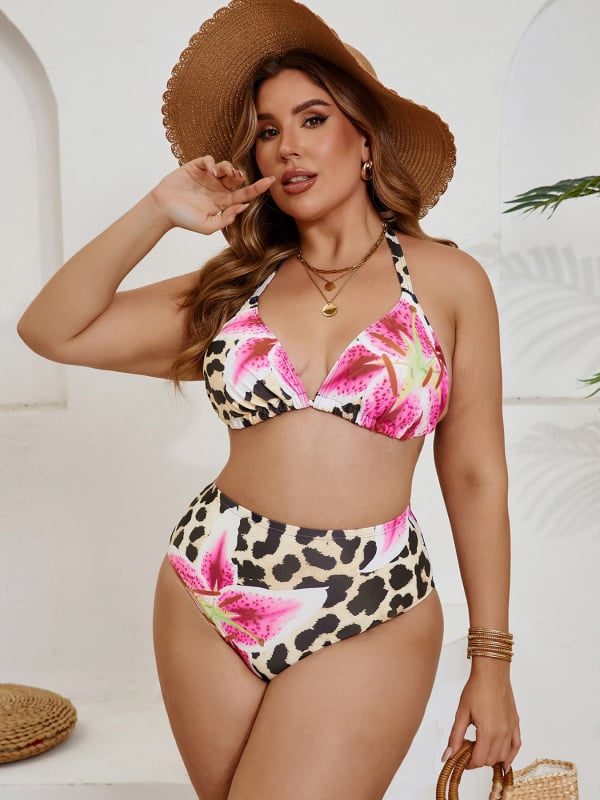 Ženski bikini s leopard printom, dvodijelni, trokutasti košarice, vezanje šnuralom, otvorena leđa, podstavljene grudi