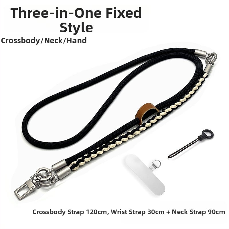 Телефонна каишка за през врата – три в едно: кръстосано носене, ръчно преплетено полиестерно въже, регулируема дължина, унисекс дизайн