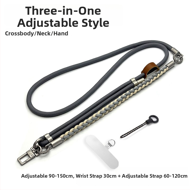 Телефонна каишка за през врата – три в едно: кръстосано носене, ръчно преплетено полиестерно въже, регулируема дължина, унисекс дизайн