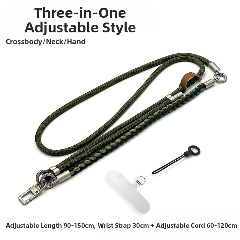 Телефонна каишка за през врата – три в едно: кръстосано носене, ръчно преплетено полиестерно въже, регулируема дължина, унисекс дизайн