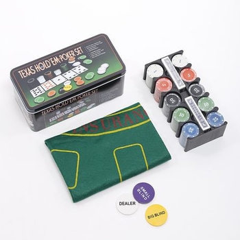 Комплект чипове за покер за Тексас Холдем, 21-пойнтов, 200 чипа, метална кутия и покривка за маса