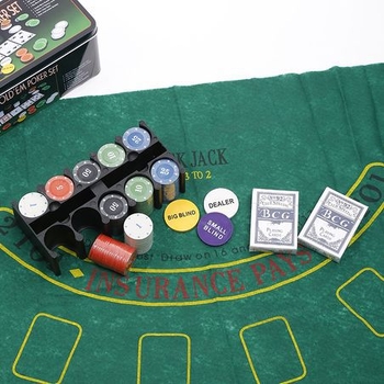 Комплект чипове за покер за Тексас Холдем, 21-пойнтов, 200 чипа, метална кутия и покривка за маса