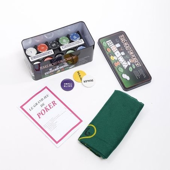 Комплект чипове за покер за Тексас Холдем, 21-пойнтов, 200 чипа, метална кутия и покривка за маса
