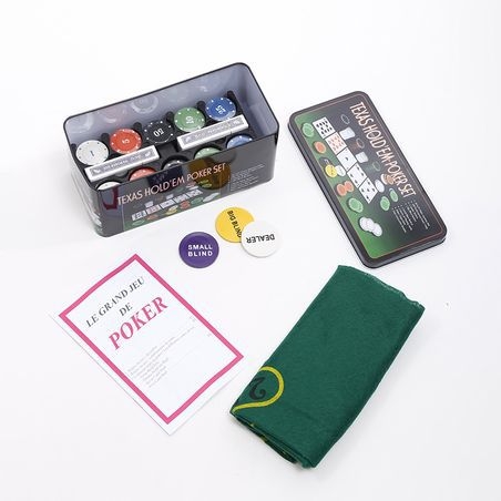 Комплект чипове за покер за Тексас Холдем, 21-пойнтов, 200 чипа, метална кутия и покривка за маса