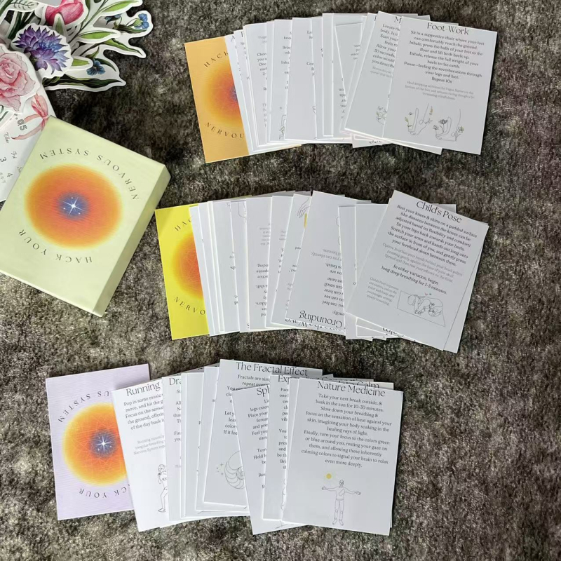 Karte za društvenu igru za reguliranje emocija odraslih — meditacija i opuštanje; materijal: premazani papir; dobna granica: 15–35; ambalaža: OPP vrećica