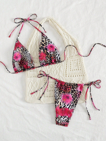 Leopardų spausdintas bikini su dalintu trikampio viršumi, raišteliai ir atvira nugara, su įdėtu viršumi, medžiaga: nailonas 82%, poliesterio įdaila