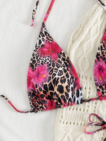Leopardų spausdintas bikini su dalintu trikampio viršumi, raišteliai ir atvira nugara, su įdėtu viršumi, medžiaga: nailonas 82%, poliesterio įdaila