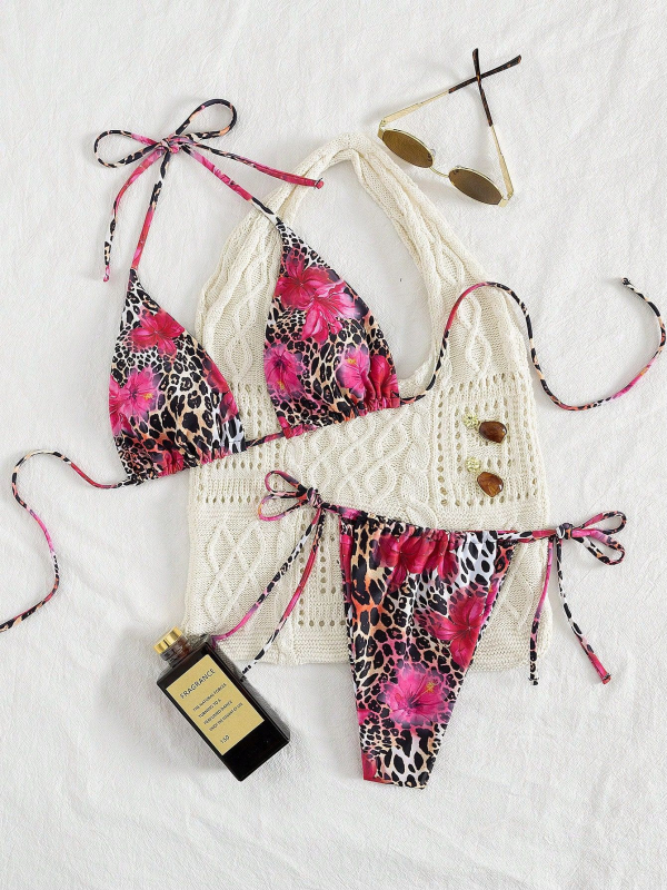 Leopardų spausdintas bikini su dalintu trikampio viršumi, raišteliai ir atvira nugara, su įdėtu viršumi, medžiaga: nailonas 82%, poliesterio įdaila