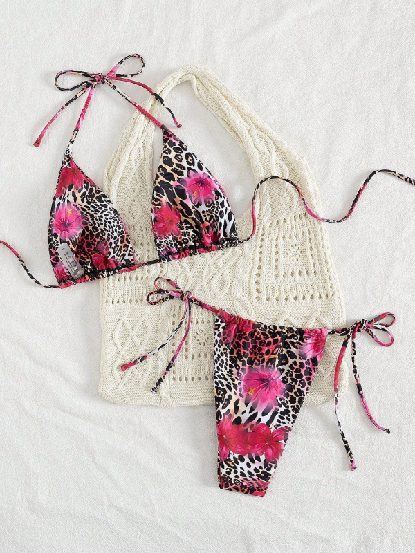 Leopardų spausdintas bikini su dalintu trikampio viršumi, raišteliai ir atvira nugara, su įdėtu viršumi, medžiaga: nailonas 82%, poliesterio įdaila