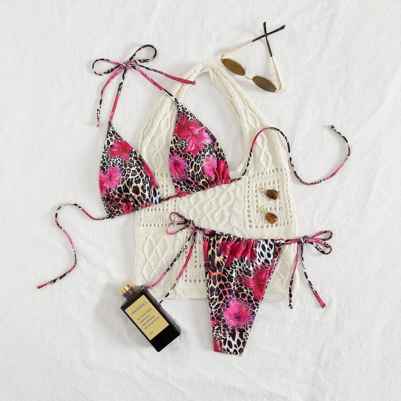 Leopardų spausdintas bikini su dalintu trikampio viršumi, raišteliai ir atvira nugara, su įdėtu viršumi, medžiaga: nailonas 82%, poliesterio įdaila