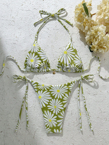 Bikini su gėlių spauda ir raišteliai, krūties pagalvėlė, be plieno atramos, be rankovių, briefs stilius, poliesterio audinys 82% su poliesterio pamušalu 82%