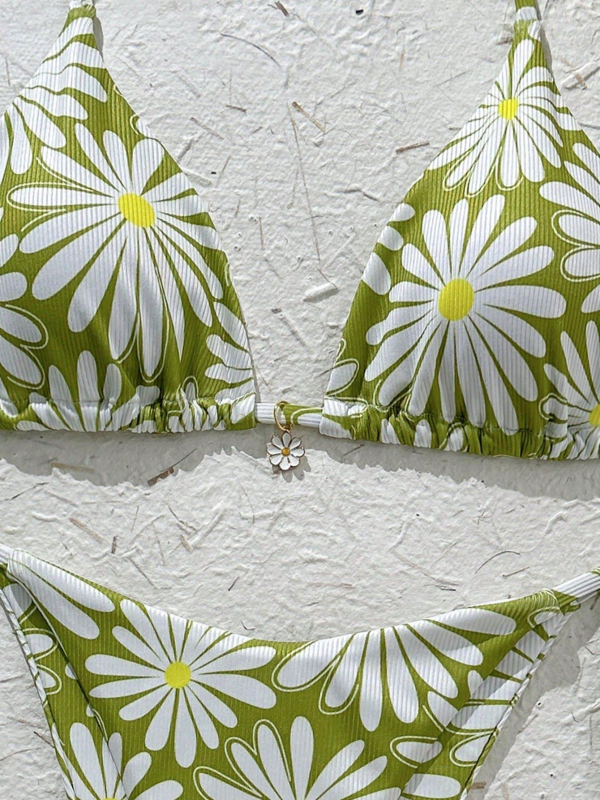 Bikini su gėlių spauda ir raišteliai, krūties pagalvėlė, be plieno atramos, be rankovių, briefs stilius, poliesterio audinys 82% su poliesterio pamušalu 82%