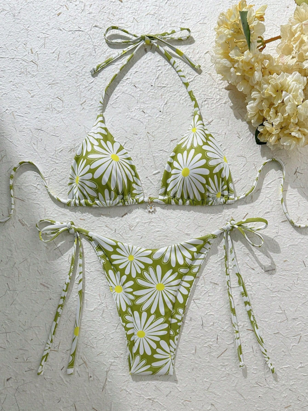 Bikini su gėlių spauda ir raišteliai, krūties pagalvėlė, be plieno atramos, be rankovių, briefs stilius, poliesterio audinys 82% su poliesterio pamušalu 82%