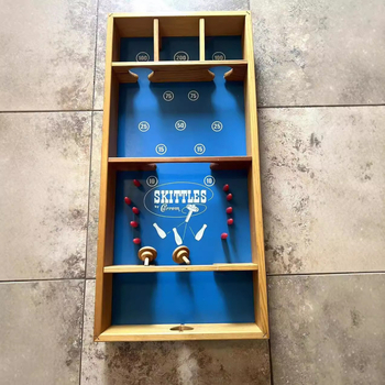 Ξύλινο ρετρό επιτραπέζιο παιχνίδι μπόουλινγκ με στροφή για οικογενειακές γιορτές - υλικό πεύκο, μάρκα DG-464, διαδραστικό, προάγει την επικοινωνία γονέα-παιδιού