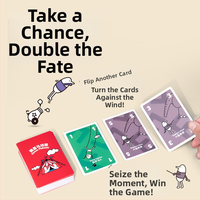 Flea Circus lauamängu kaardid — kaasaskantav taskumäng, paberkaardid; soodustab vanemate ja laste omavahelist suhtlemist; vanusevahemik 4–14 aastat.