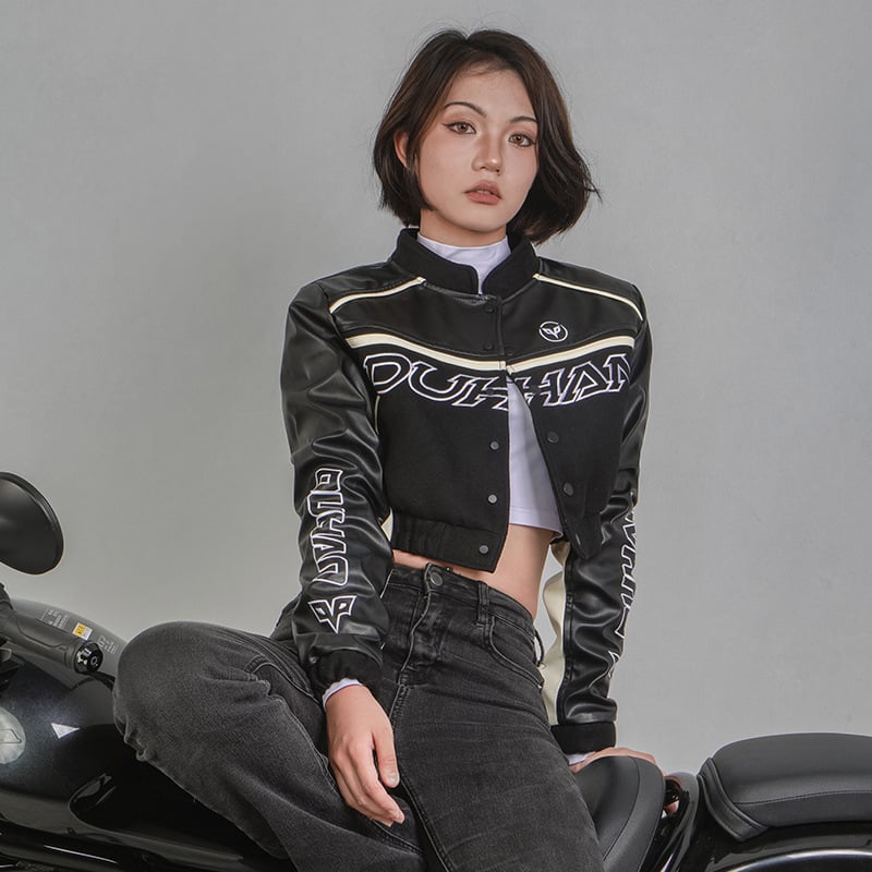 Мотоциклетно кожено яке за каране – тесен силует, къс талия, защитно (Защита, Есен, Жени, Каране)