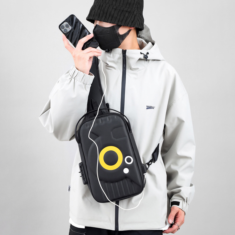 Vīriešu Chest Bag, PU materiāls, pretzādzības funkcija, USB interfeiss, ūdensizturīgs, ģeometriskais raksts (ielu stils)