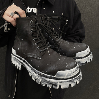 Ghete Martin cu graffiti, partea superioară din tarpaulin, talpă din cauciuc, stil vintage, bocanci de lucru cu gambă înaltă