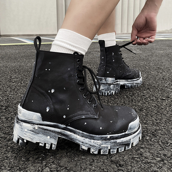 Ghete Martin cu graffiti, partea superioară din tarpaulin, talpă din cauciuc, stil vintage, bocanci de lucru cu gambă înaltă