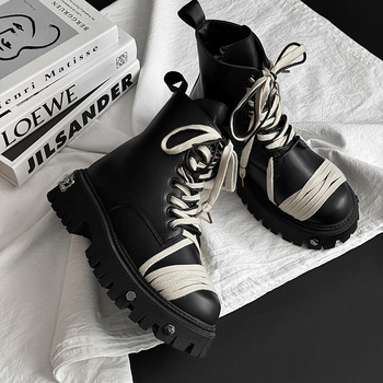 Ghete moto unisex cu înălțime medie a gleznelor, design pentru creșterea înălțimii, exterior din piele sintetică, talpă din cauciuc