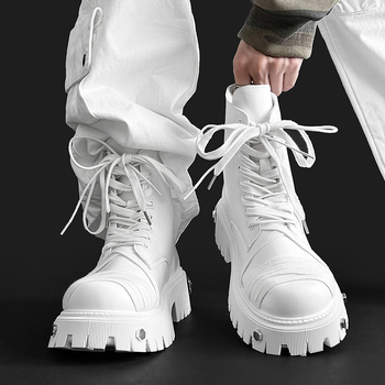 Ghete moto unisex cu înălțime medie a gleznelor, design pentru creșterea înălțimii, exterior din piele sintetică, talpă din cauciuc