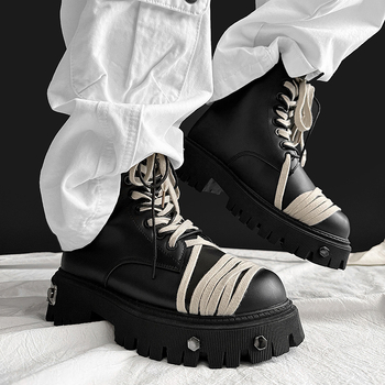 Ghete moto unisex cu înălțime medie a gleznelor, design pentru creșterea înălțimii, exterior din piele sintetică, talpă din cauciuc