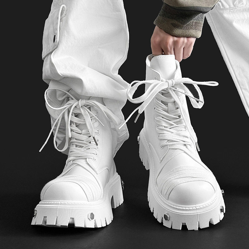 Ghete moto unisex cu înălțime medie a gleznelor, design pentru creșterea înălțimii, exterior din piele sintetică, talpă din cauciuc