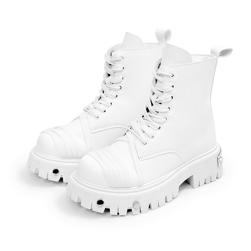 Ghete moto unisex cu înălțime medie a gleznelor, design pentru creșterea înălțimii, exterior din piele sintetică, talpă din cauciuc