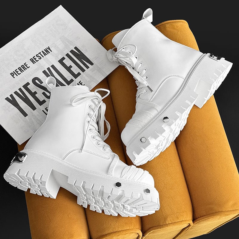 Ghete moto unisex cu înălțime medie a gleznelor, design pentru creșterea înălțimii, exterior din piele sintetică, talpă din cauciuc